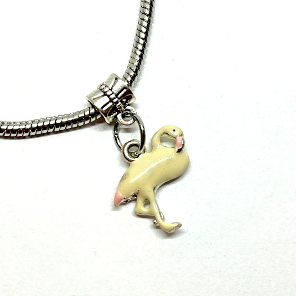 White Flamingo Vintage Charm Dangle for European Bracelet Tropical Beach Pink 3D - Picture 1 of 3